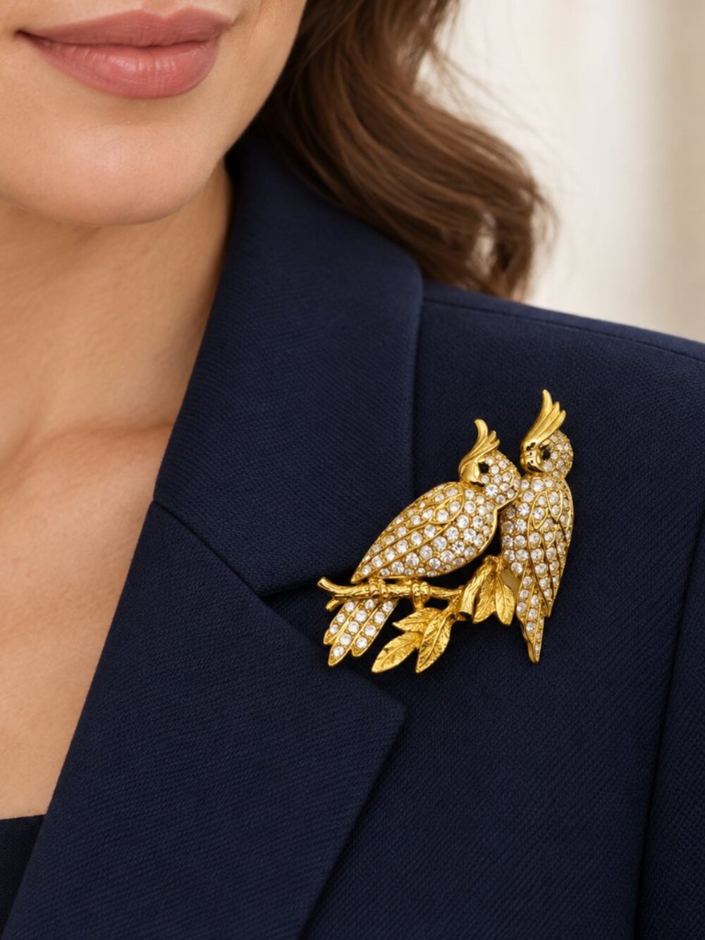 Vintage D’Orlan Rhinestone Double Bird Brooch Gold Tone Pavé Crystal Pin